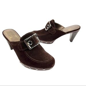 Stuart Weitzman Brown Suede Mules with Silver Buckle